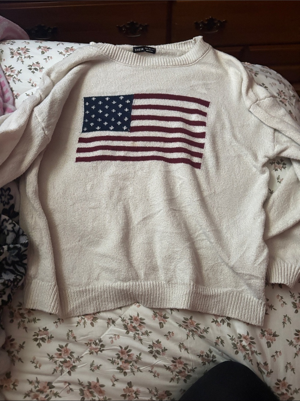 SHEIN Cream Knit Sweater with Navy and Burgundy Flag